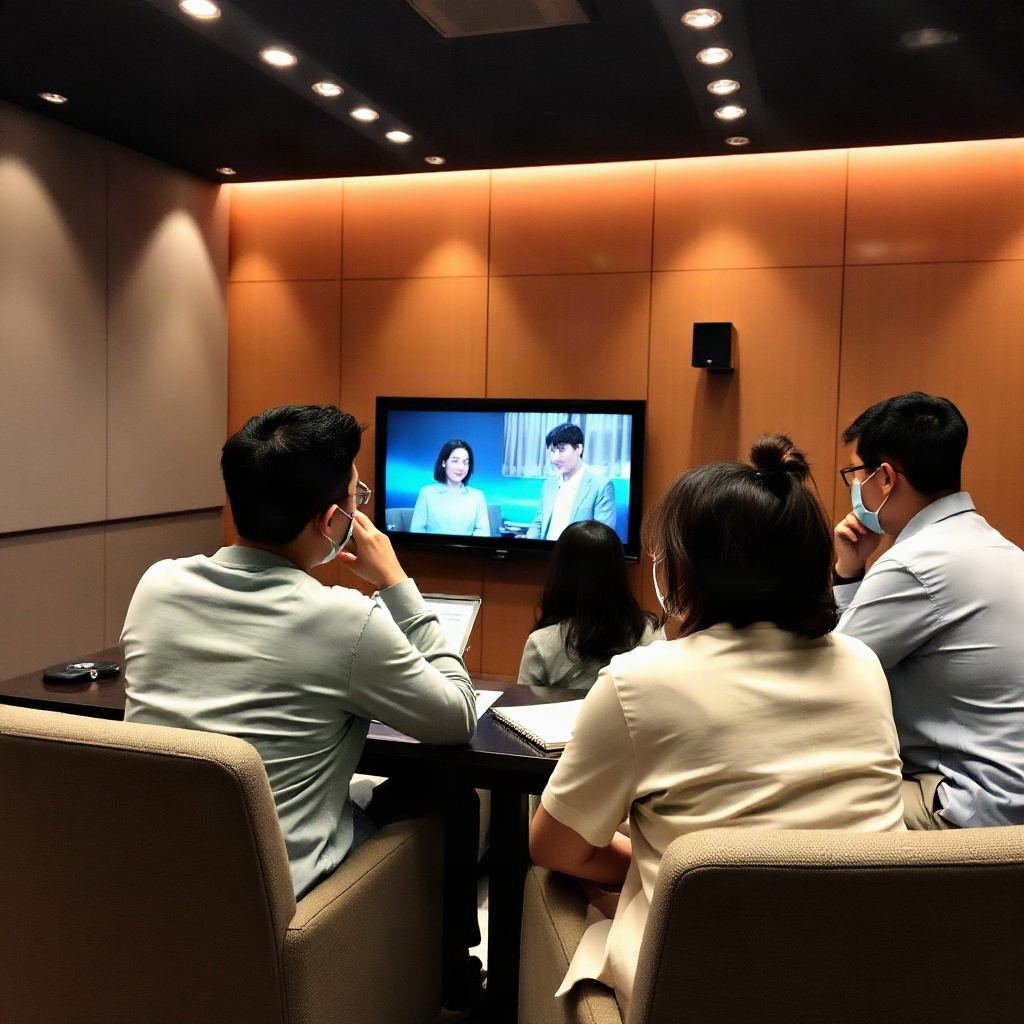 Huanghua Drama editorial team reviewing episodes in screening room