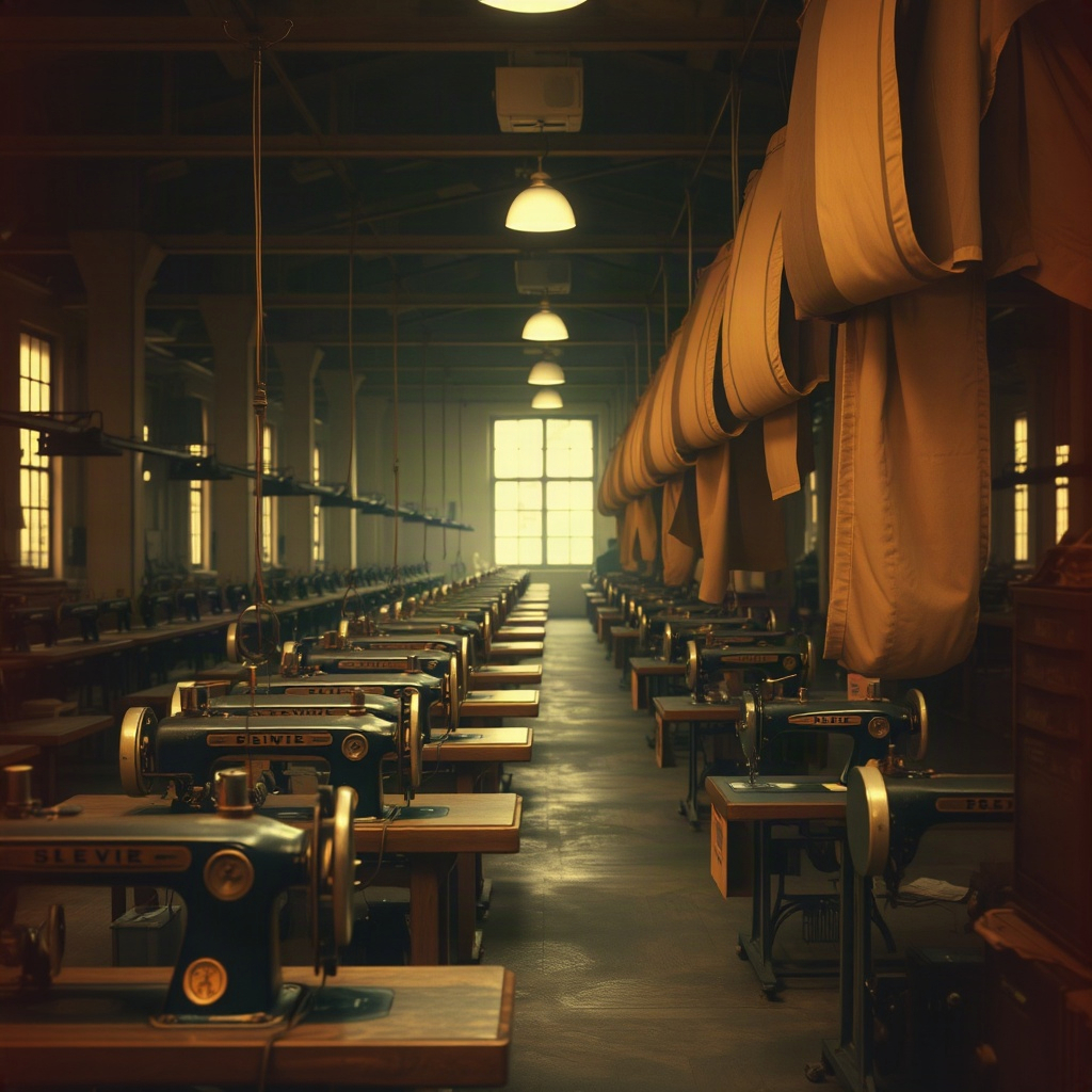 Vintage textile factory with sewing machines in warm sepia light